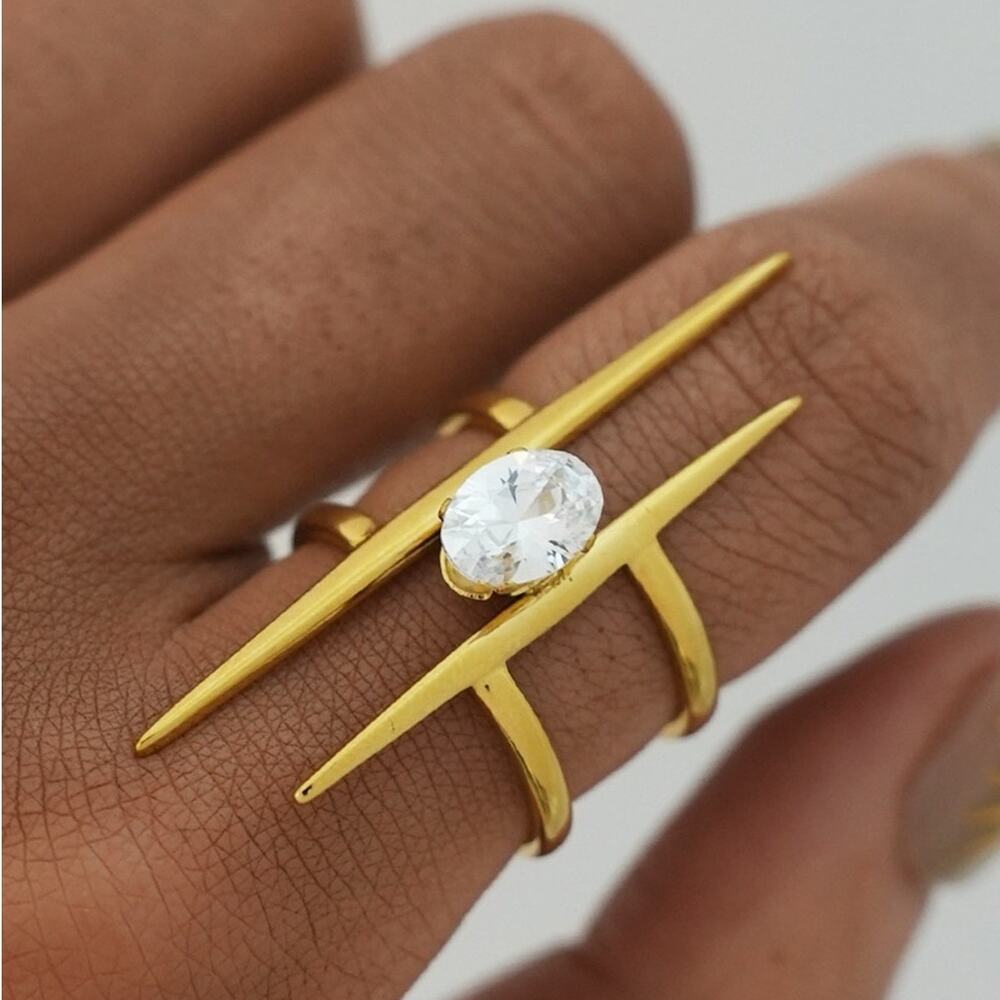 Gold Plated CZ Zircon Geometric Statement Ring Modern Open Design